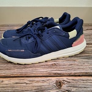 Navy Blue Adidas Sneakers with Pink and White Accents Womens Size 8.5